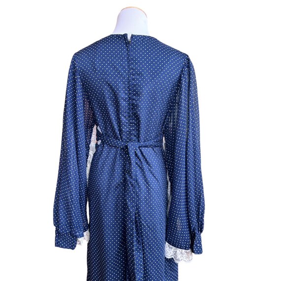 1970s Navy Blue Polka Dot Maxi Dress with White Lace … - Gem