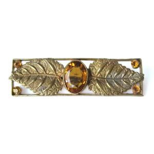 Antique Gold Czech Glass Brooch or Pin, Gold Tone Setting with Leaves, Estate Jewelry, Art Nouveau, Vintage Lingerie Pin, Gift For Her