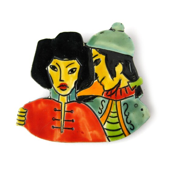 Vintage Hand Painted Brooch, Dark Hair Couple, Ru… - image 3