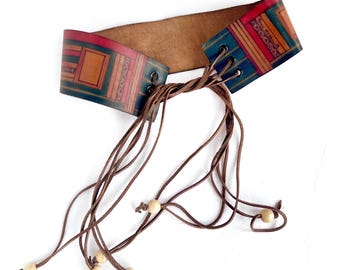Vintage Hand Painted Leather Belt, Fringe Tie, Mod Hippie  display picture 3