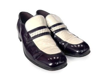 1970's Men's Two-Tone Shoes, Patent Leather Shoes, Dark Brown and Ivory  Slip On Shoes with Leather Soles by Hanover  / Mens Size 9.5