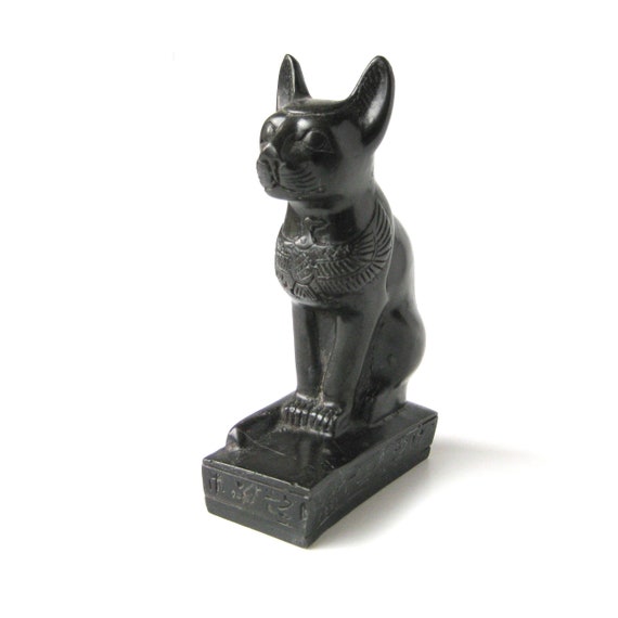 ヴィンテージ彫刻の黒い石のエジプト猫像：象形文字の台座 - Etsy 日本