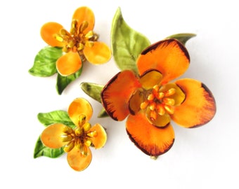 Vintage Enamel Flower Brooch and Clip-on Earring Set, Sixties Mod Jewelry