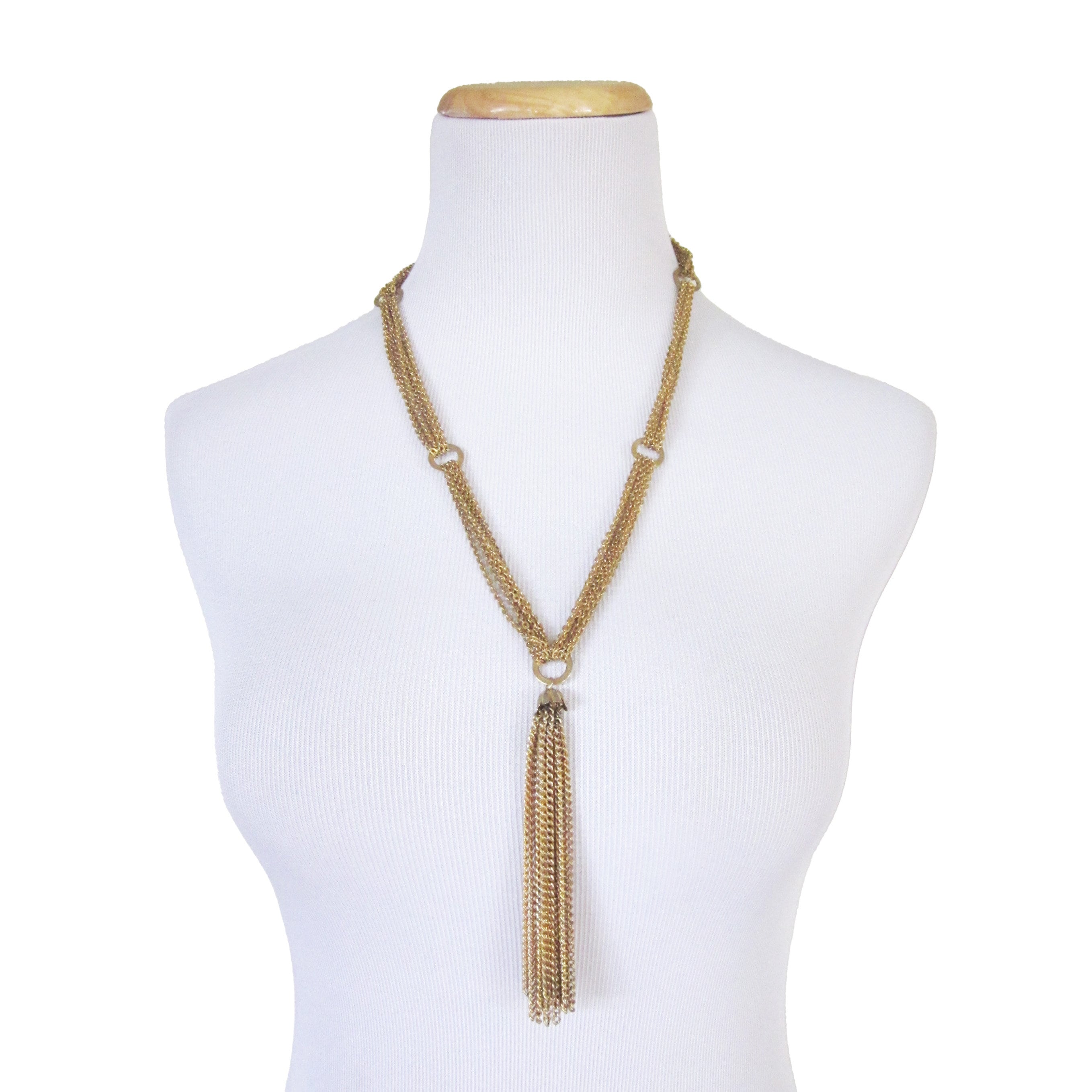 Vintage Gold Tone Tassel Statement Necklace: 1970s Costume 