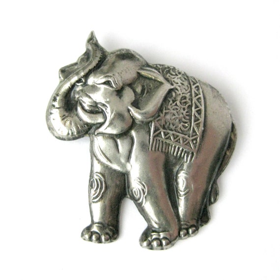 Vintage Pressed Silver ELEPHANT Brooch, Boho Styl… - image 1