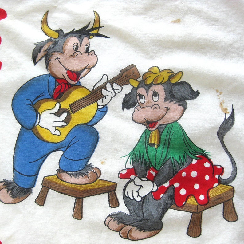 Pair of Vintage Cotton Handkerchief Bull Illustrations Child Print 1950s Cotton Hankies
