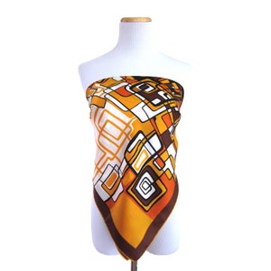 Pure Silk Scarf with Hand Rolled Hem, Mod Scarf, Geometric Design in Orange, Yellow, Brown and Black, Neck Scarf, Head Scarf, Bambi Label