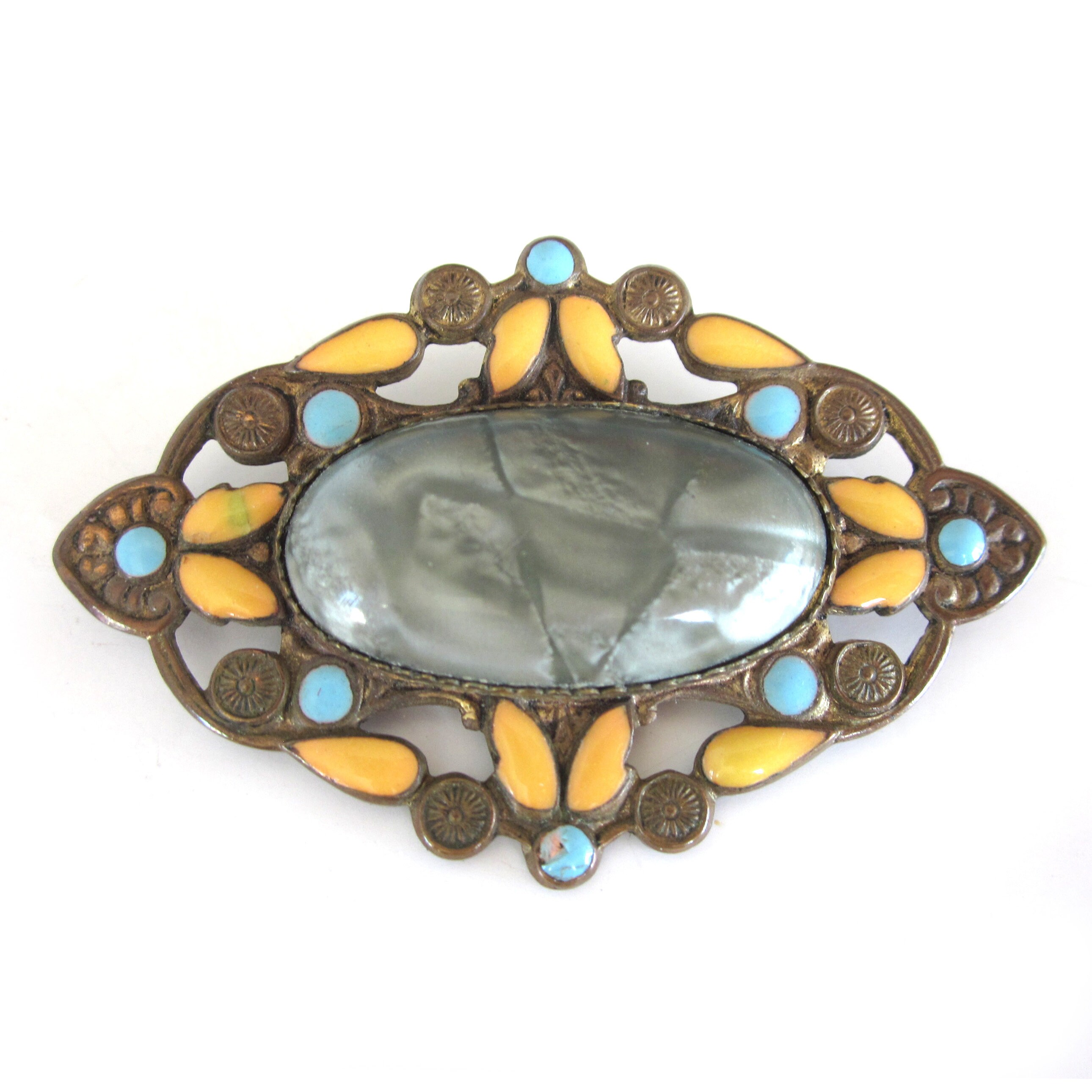 Broche Ancienne En émail Vintage - Design Milieu Du Siècle - Occasion, Bijou Rétro