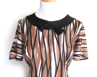 Vintage Animal Print Sheath Dress, Brown, Black and White Print Jersey Knit Dress, Black Neckline with Bow, Short Sleeve Dress