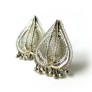 Vintage Silver Filigree Earrings, Teardrop Shaped Filigree Earrings with Dangles, Clip On Earrings, Middle Eastern Style, Mexican Style