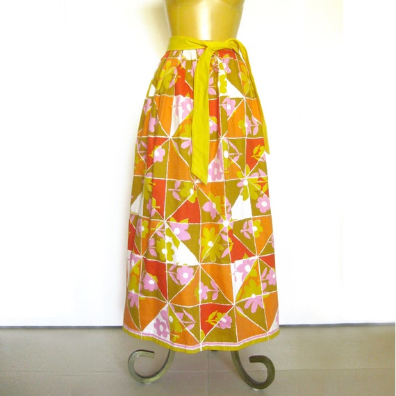 1960s Mod Floral Skirt with Sash Belt, Ankle Leng… - image 1