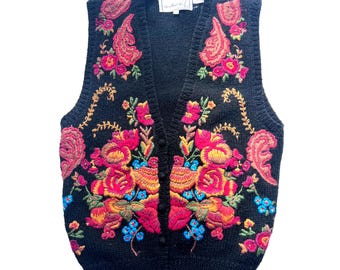 Grandma Embroidered Knit Sweater Vest, Women's Black Floral