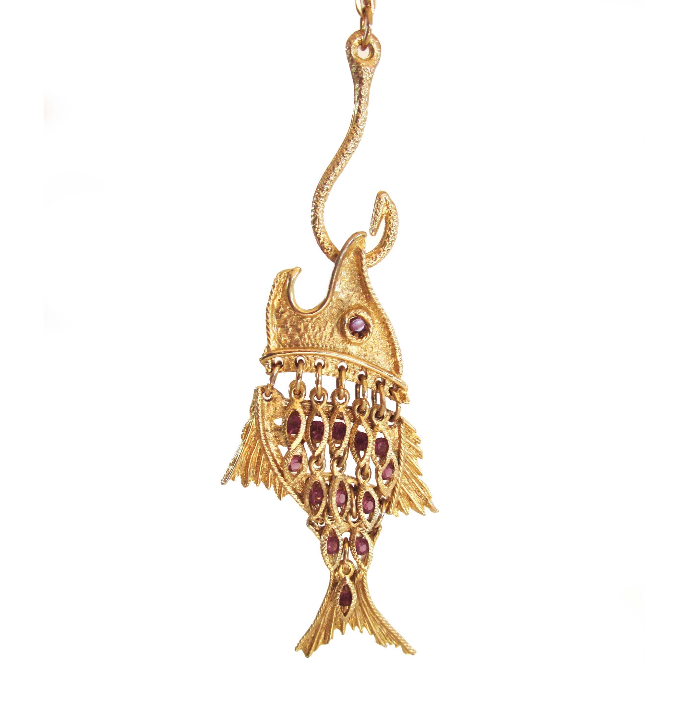 Articulated Fish Pendant With Dangling Purple Stones Long Gold Fish on a Hook Vintage Costume Jewelry Gift for Her Beach Jewelery Etsy Canada