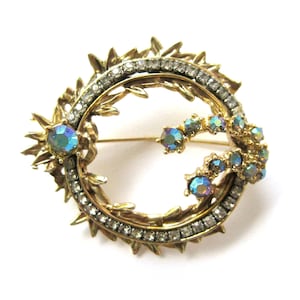 Vintage HAR Signed AB Rhinestone Brooch, Aurora Borealis Rhinestones, Prong Set Stones, Gold Tone Brooch, Vintage Jewelry, Costume Jewelry