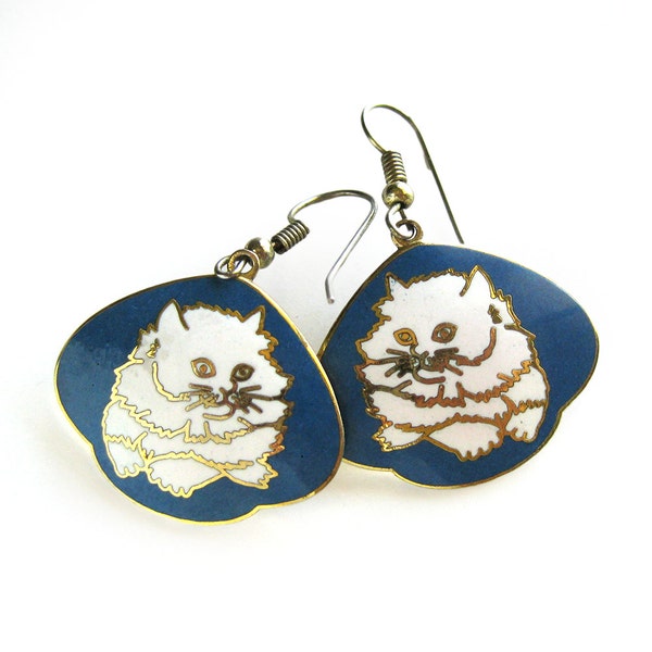 Vintage Cloisonné CAT oorbellen blauw en wit glazuur / White CAT oorbellen