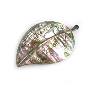 Vintage Taxco Mexico Sterling Silver Leaf Brooch with Mother of Pearl Inlay, Abalone Inlay Jewelry, Boho Chic Style, Gift for Her