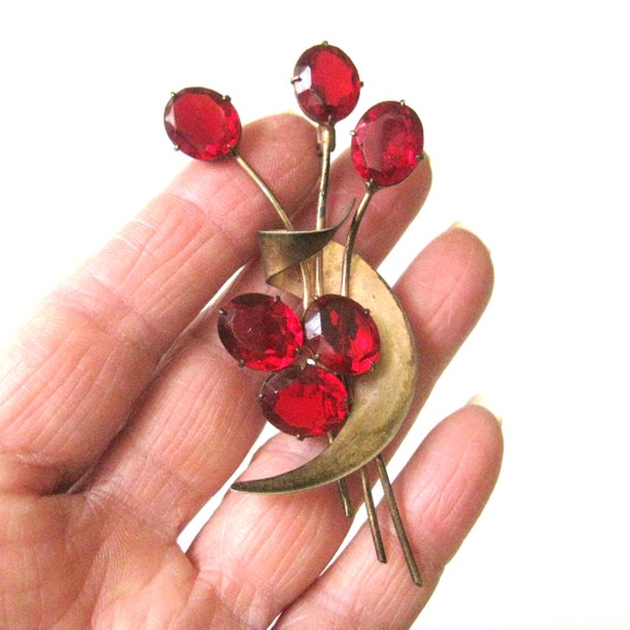 Vintage Sterling Silver Vermeil Brooch with Ruby … - image 2