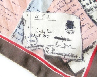 Sheer Crepe Silk Chiffon Scarf with Handwritten Letters to Emily Post, Air Mail, Hand Rolled Hem, Brown, Pink and Gray Scarf, Novelty Print