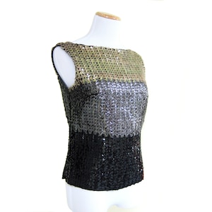 1950s Ombre Sequin Top, Vintage Gold Bronze Black Sleeveless Blouse