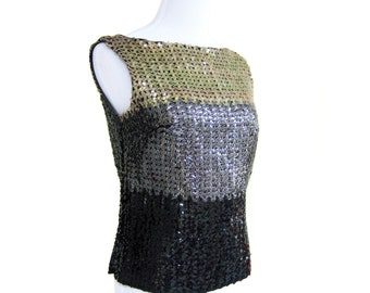 1950s Ombre Sequin Top, Vintage Gold Bronze Black Sleeveless Blouse