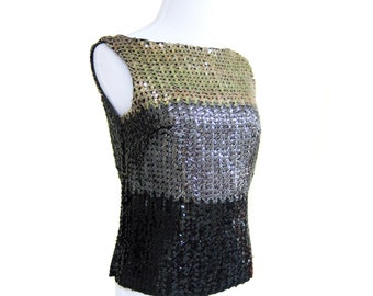 1950s Vintage Beaded Top, Ombre Coloration, Gold, Bronze and Black Sequin Top, Sleeveless Blouse, Evening Wear, Holiday Party