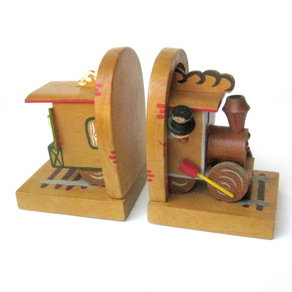 Vintage Anri Wood Train Bookends 1950s Home Decor Nursery Decor Children S Books Italian Bookends Collectible