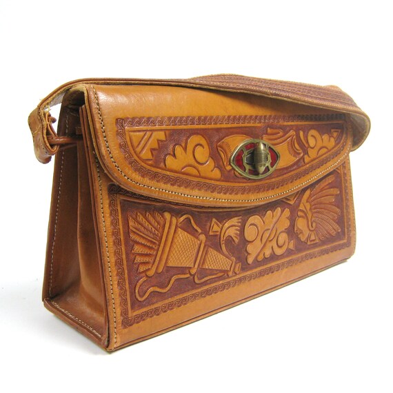 Vintage Tooled Leather Bag, Hand-tooled Mexican H… - image 3