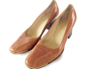 Vintage Bally Leather Pumps: Tan Metallic Trim Shoes, Made in Italy, Size 7.5