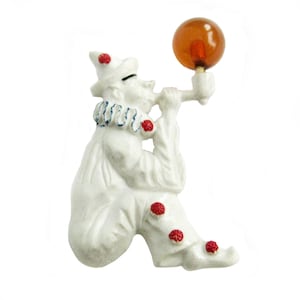1940s Vintage Novelty CLOWN Brooch Blowing Bubbles, White Celluloid with Bubble or Balloon, Pierrot Clown Jewelry, Vintage Costume Pin