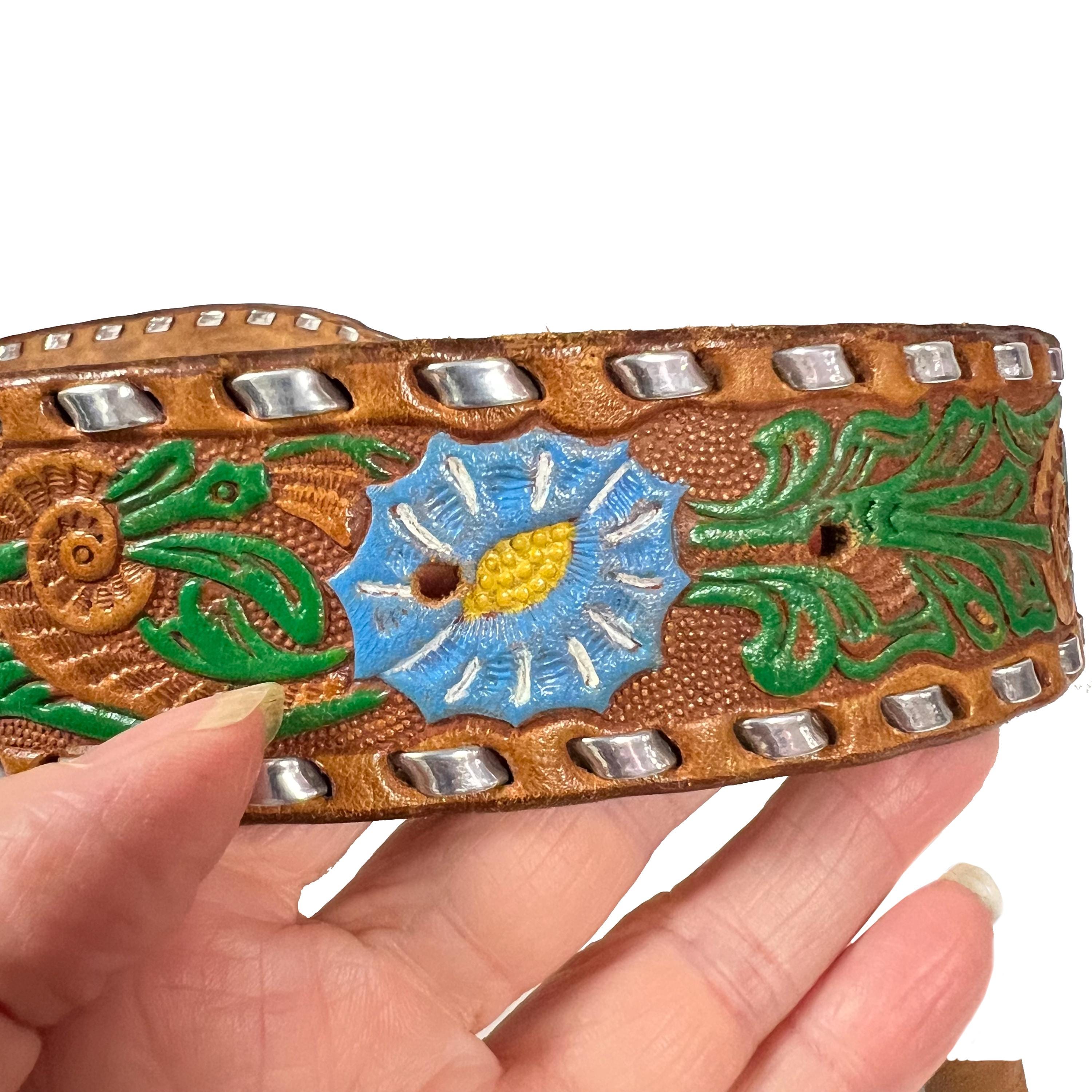 Tooled Leather Western Belt, Blue Morning Glory, Brown  display picture 3