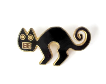 Vintage Peruvian Black Cat Brooch, MMA Metropolitan Museum of Art, 1985, Black Enamel Gold Tone Pin, Vintage Jewelry, Halloween Black Cat