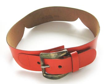 Womens' Vintage ORANGE Leather Belt with Scalloped Edge, Mahler Top Grain Cowhide Belt, Gold Tone Buckle  / Size 24