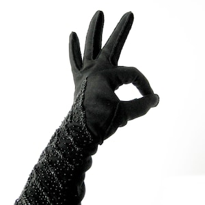 Heavily Beaded Black Evening Gloves, Seed Bead Decoration, Pin-Up Rockabilly Style, Double Woven Stretch Cotton, Special Occasion, Size 6.5