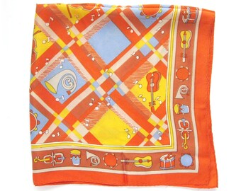 Vintage Illustrated Music Themed Scarf with Instruments, Drum, Guitars, Violins, Diagonal Plaid, Orange and Yellow Silk Scarf, Musician
