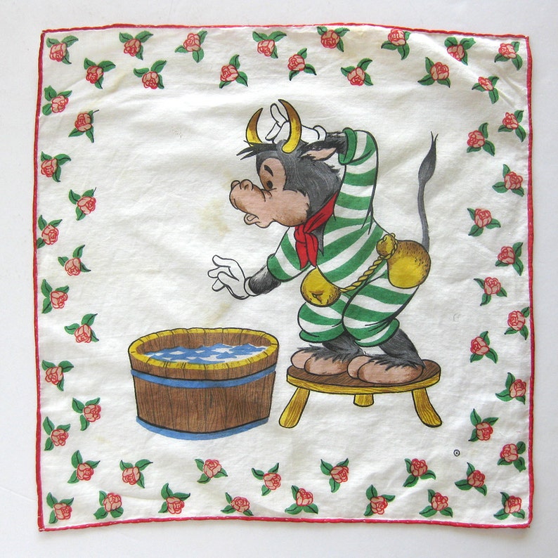 Pair of Vintage Cotton Handkerchief Bull Illustrations Child Print 1950s Cotton Hankies