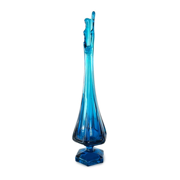 Vintage Viking Bluenique  Hexagon Swung Glass Vase, Pedestal Vase, Epic Column Ribbed Vase, Mid Century Modern Decor Blue Glass Vase, 13.25"