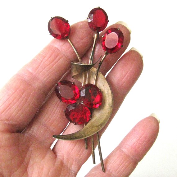 Vintage Sterling Silver Vermeil Brooch with Ruby … - image 6