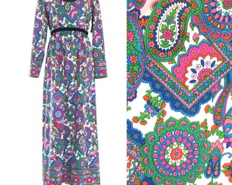 1960s MOD Paisley Print Maxi Dress, Andrea Gayle Maxi Dress in Blue, Pink and Kelly Green, Op Art Paisley, Boho Dress, Hippie Chic, Size 12