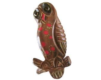 Large Carved Wood Owl Brooch with Fantastic Detail, 1940s Vintage Jewelry, Painted Wood, Wise Old Owl, Scarf Pin, Perched Bird,