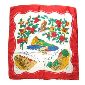 Vintage Rayon Gibraltar Scarf, Spanish Frontier Travel Souvenir, WWII Era