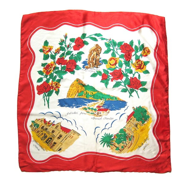 Vintage Rayon Scarf, Rock of Gibraltar Travel Souvenir, Spanish Frontier, Beaches, Rock Monkeys, Flamenco Gypsy Red Roses, WWII Era