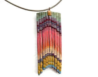 Vintage Polymer Pendant, Southwest Fringe Design, Multi-Color Necklace, Statement Necklace, Boho Festival Style Jewelry, Studio Jewelry
