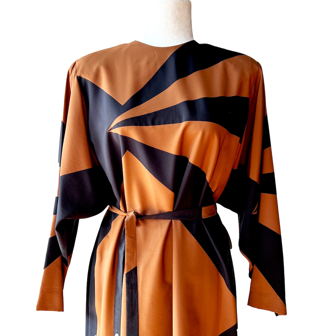 Vintage Robert Leonard Silk Dress, Bold Graphic Print Dress in Caramel