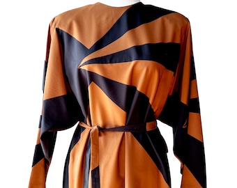 Vintage Robert Leonard Silk Dress, Bold Graphic Print Dress in Caramel Brown & Black Op Art Print, Designer Seventies Long Sleeve Silk Dress