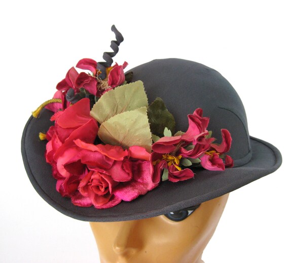 1940s Vintage Bonnet with Brim and Pink Flowers, … - image 4