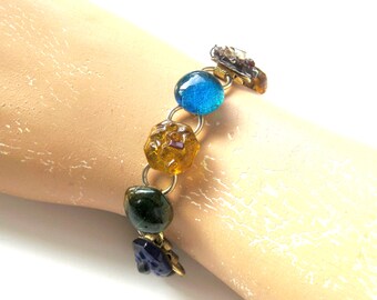 Vintage Colored Glass Bracelet, Nugget Jewelry, Colorful Link Bracelet, Colorful Vintage Jewelry, Blue Amber Green Red Glass