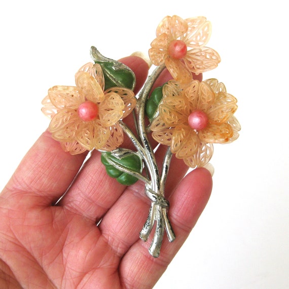 Vintage Floral Brooch, Pressed Metal Brooch with … - image 4