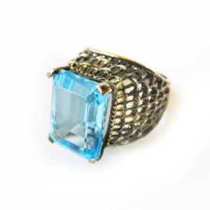 Vintage Ring, Gold Vermeil Sterling Silver Ring, Blue Stone, Emerald Cut Faux Aquamarine, Cocktail Ring, Size 5