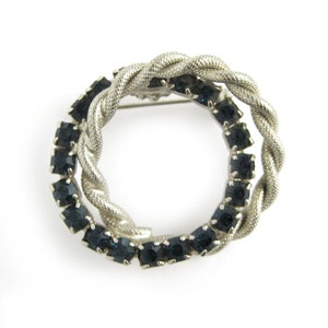 Vintage Silver and Rhinestone Brooch, Dark Blue Pin, Double Circles, Interlocking Circles, Twisted Rope Design, Gift for Her, Something Blue