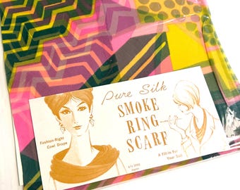 Vintage Silk Chiffon Infinity Scarf: Mod Op Art, Pink Green Yellow, In Package